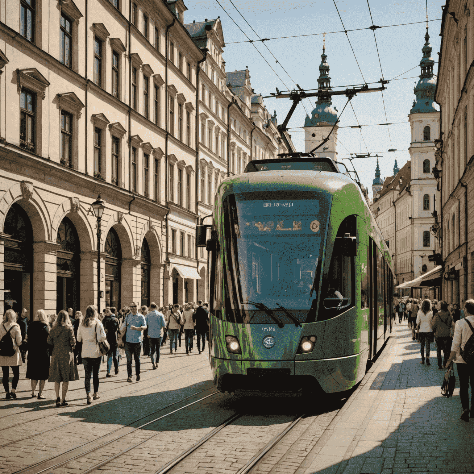 Nowoczesny, ekologiczny tramwaj Krakowa przejeżdżający przez zabytkowe centrum miasta, z widokiem na Sukiennice i tłum pieszych oraz rowerzystów