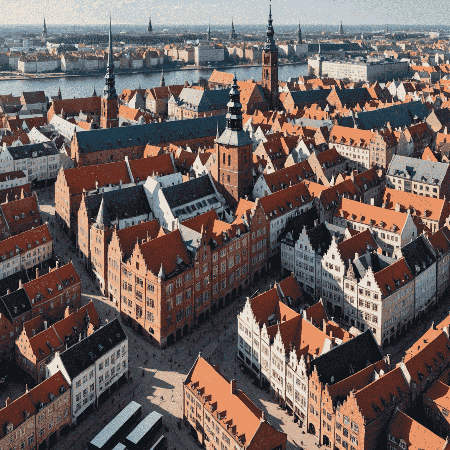 Panorama Gdańska z nowoczesnymi biurowcami i historycznym Starym Miastem, symbolizująca połączenie tradycji z innowacją