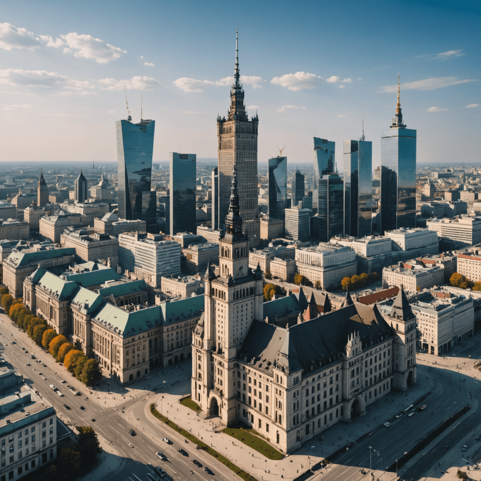 Panorama Warszawy z Pałacem Kultury i Nauki w centrum, otoczonym nowoczesnymi wieżowcami i historycznymi budynkami