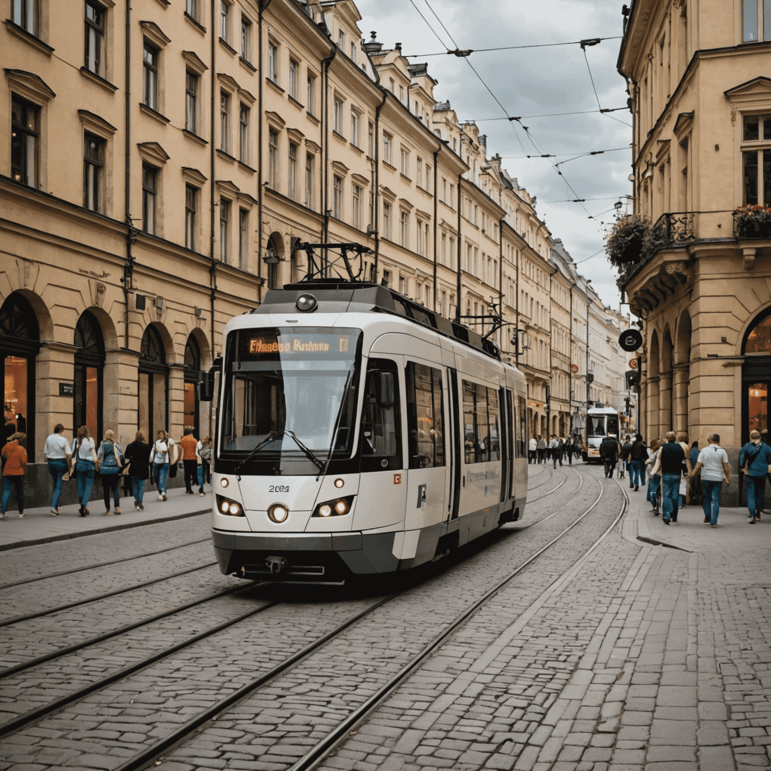 Nowoczesny tramwaj w centrum Krakowa, przejeżdżający obok zabytkowych kamienic i pełnych życia ulic