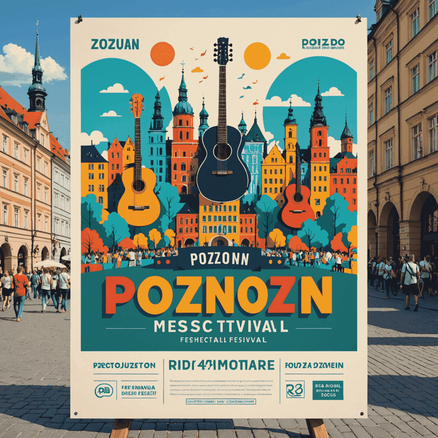 Kolorowy plakat festiwalu muzycznego na tle Rynku Głównego w Poznaniu