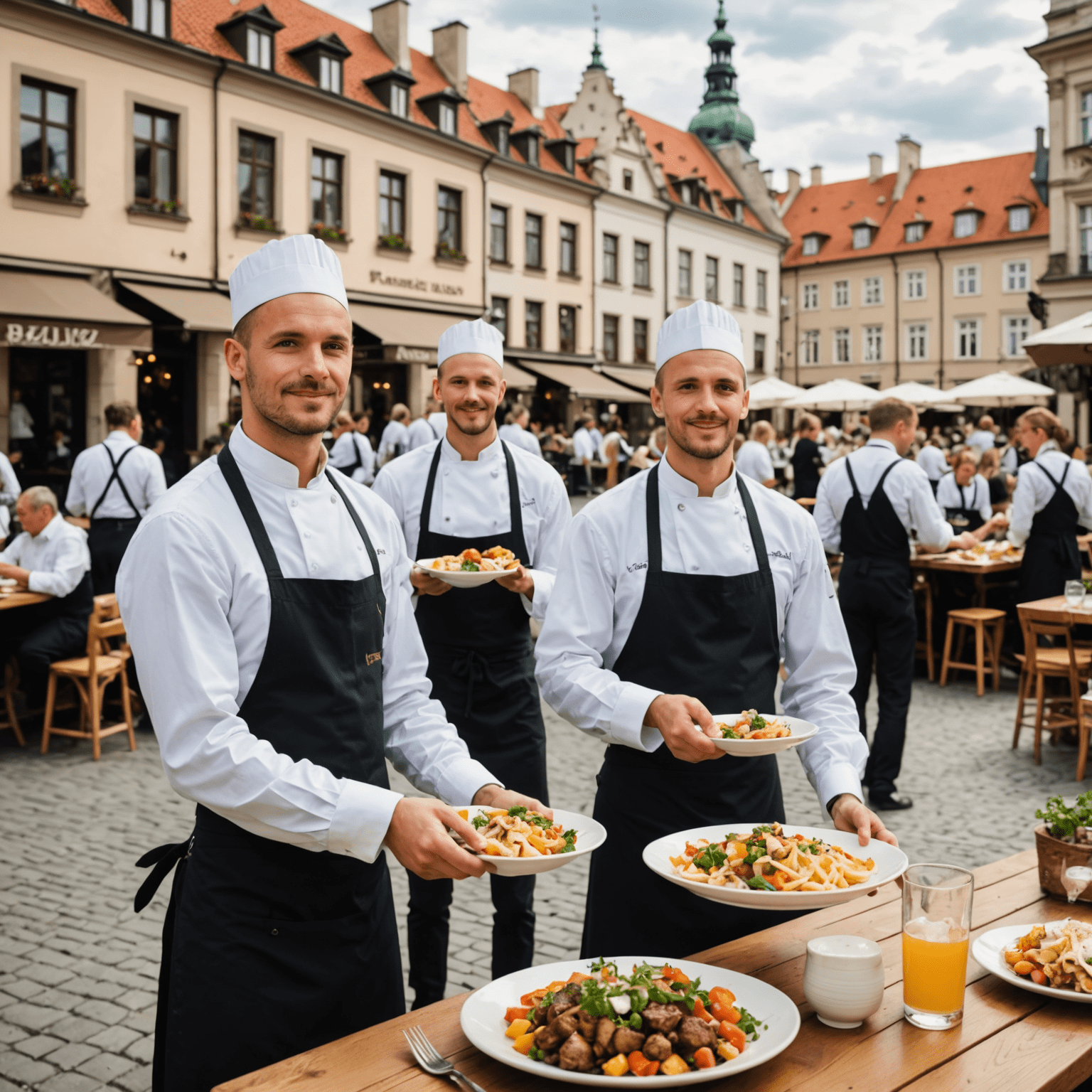 Ogródek restauracyjny na poznańskim rynku, kelnerzy serwujący tradycyjne wielkopolskie dania